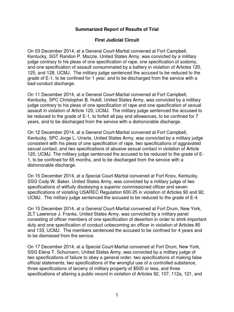December 2014 Summary of Army Court Martials Uniform Code Of Military