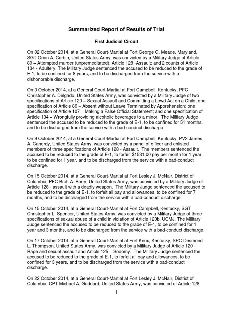 October 2014 Summary of Army Court Martials PDF Courts Martial In