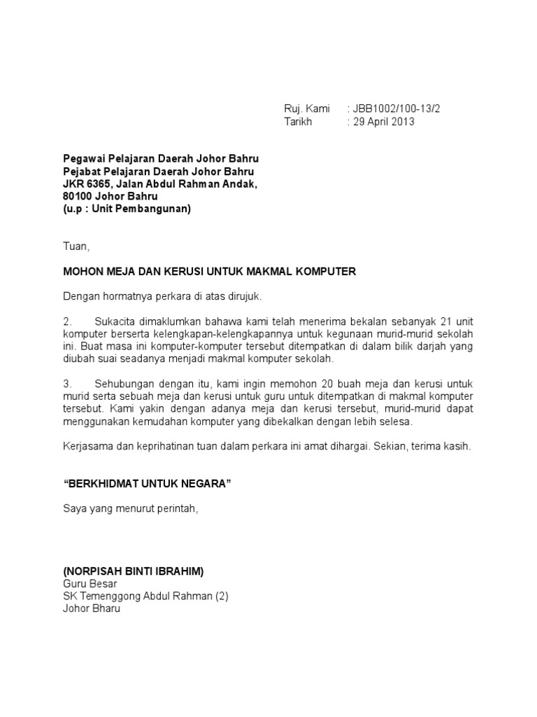 Contoh Surat Permohonan Sumbangan Meja