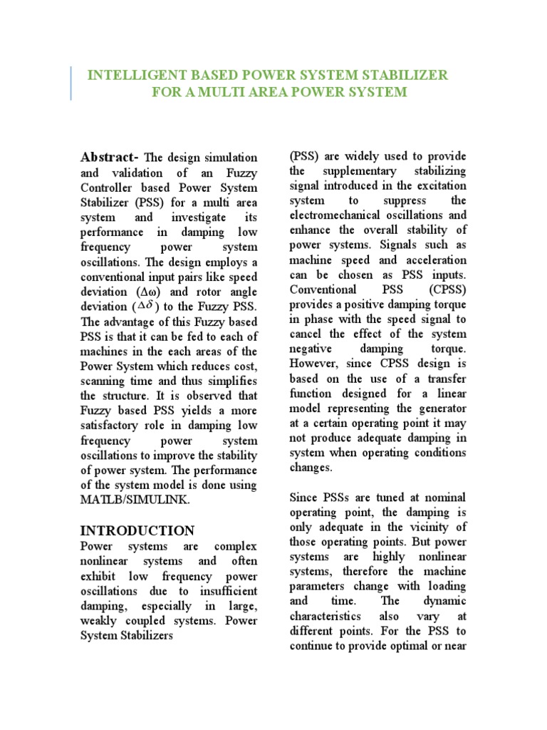 Power System Stabilizer PDF Control Theory Electric Power System