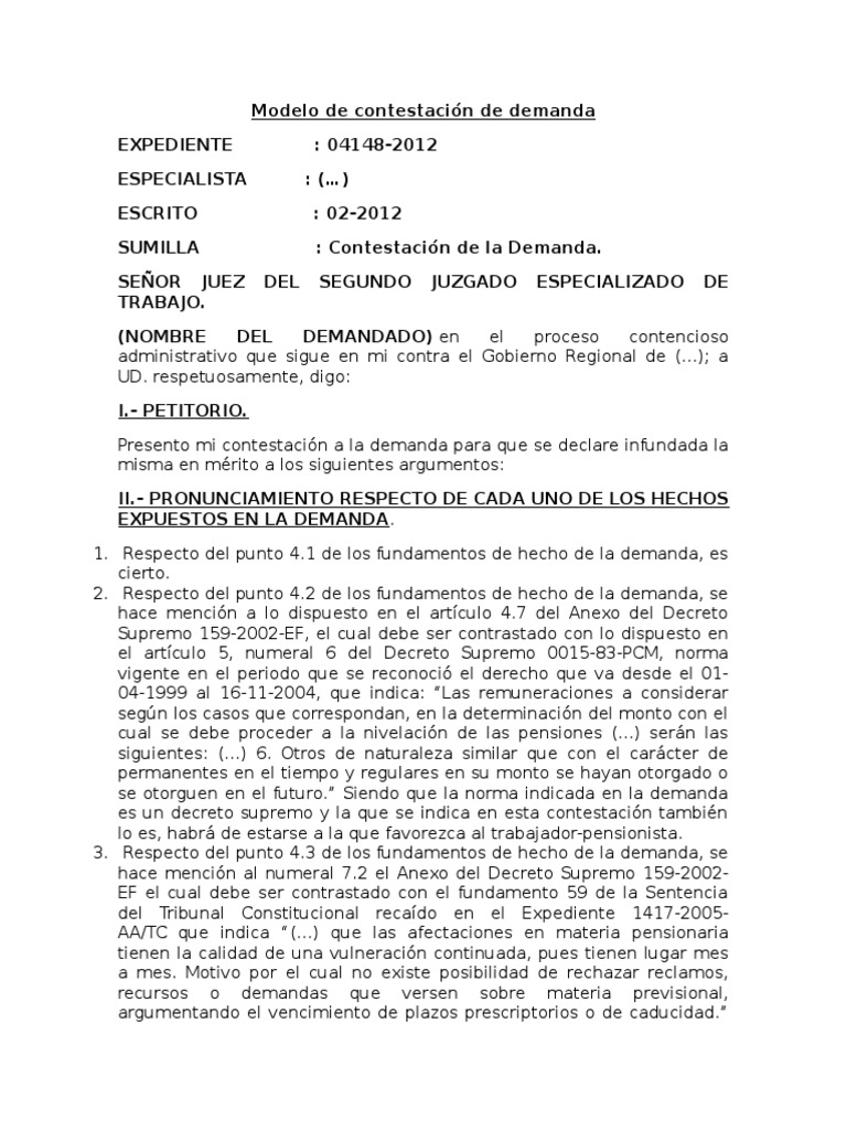 Modelo de Contestación de Demanda | PDF | Demanda judicial | Regulación