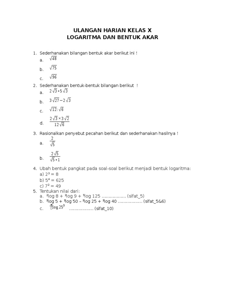 Soal Ulangan Harian Logaritma Kelas 10 - SOALNA