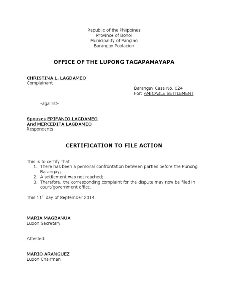 Sample of Cert To File Action PDF