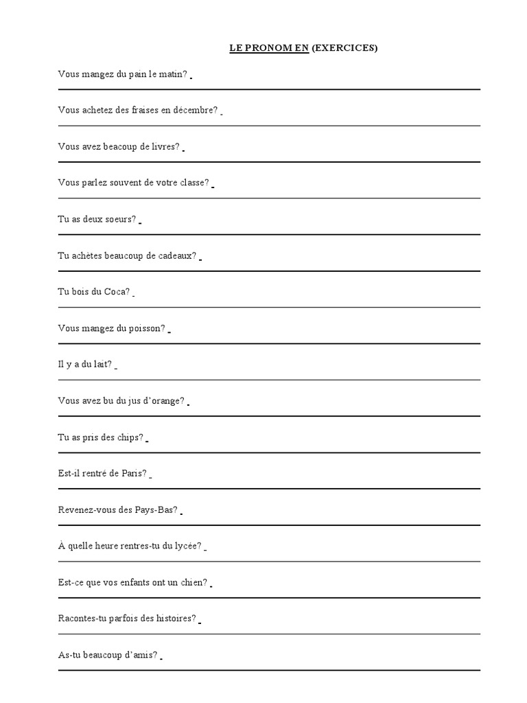 Les Pronoms En Et Y Exercices Corrigés Pdf Exercices Pronom En-Y | PDF