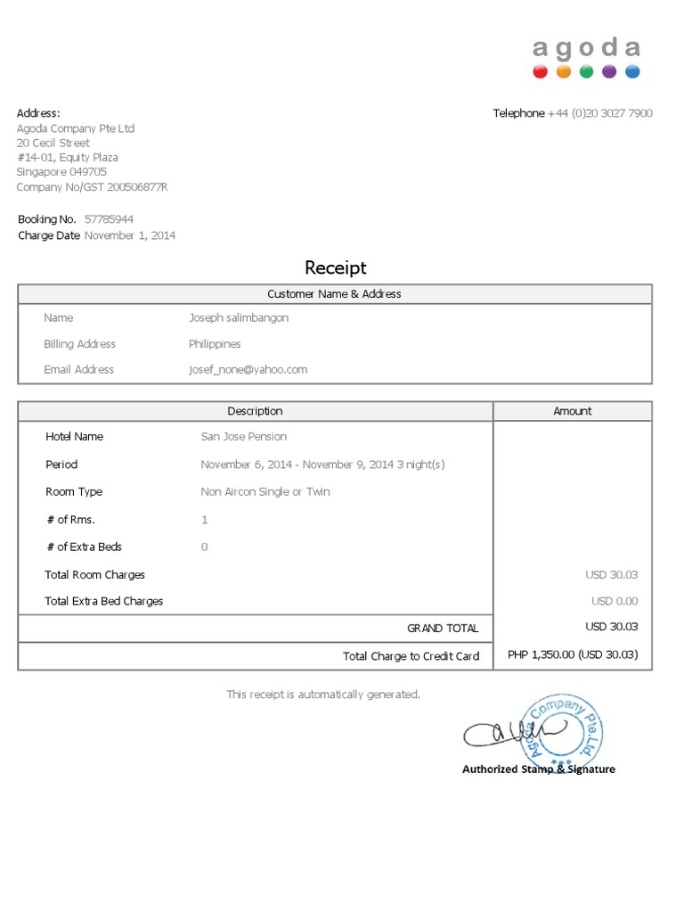 Agoda Booking Id 57785944 Receipt