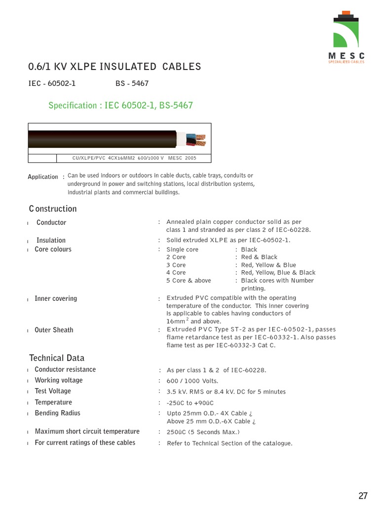 IEC 60502-1 XLPE Cable Specifications | PDF | Cable | Components