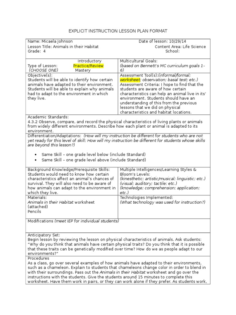 lesson plan 2 (animals in their habitat) Educational Assessment