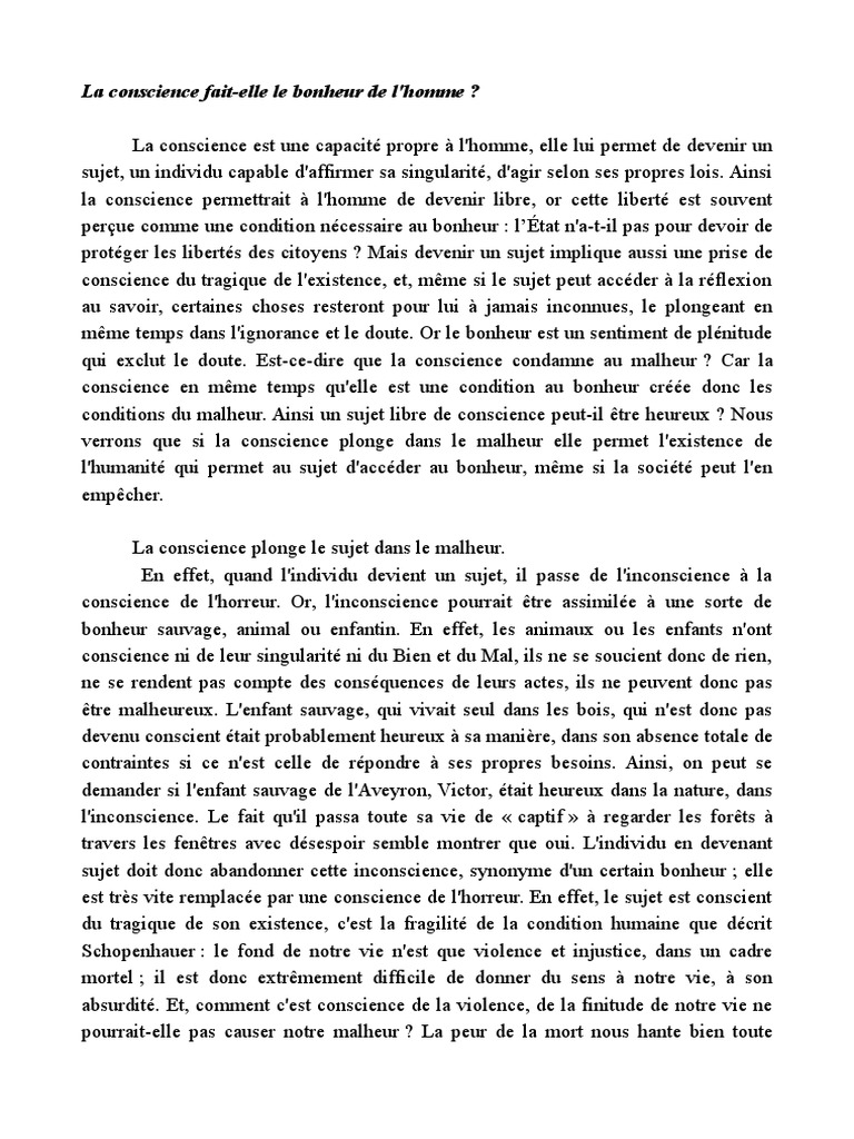 Sujet Corrigé Sur La Conscience Et L inconscient Pdf La Conscience Fait-Elle Le Bonheur de L'homme | PDF | Bonheur | Conscience