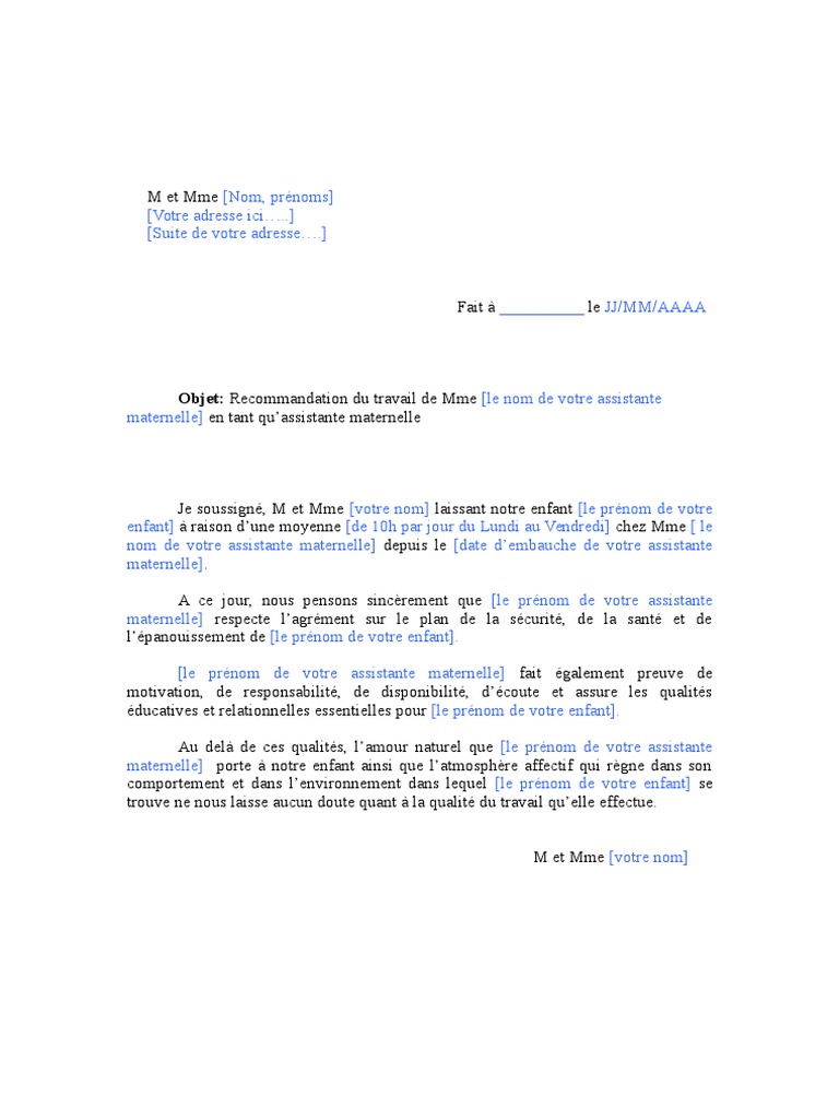 Exemple De Lettre De Recommandation Pdf