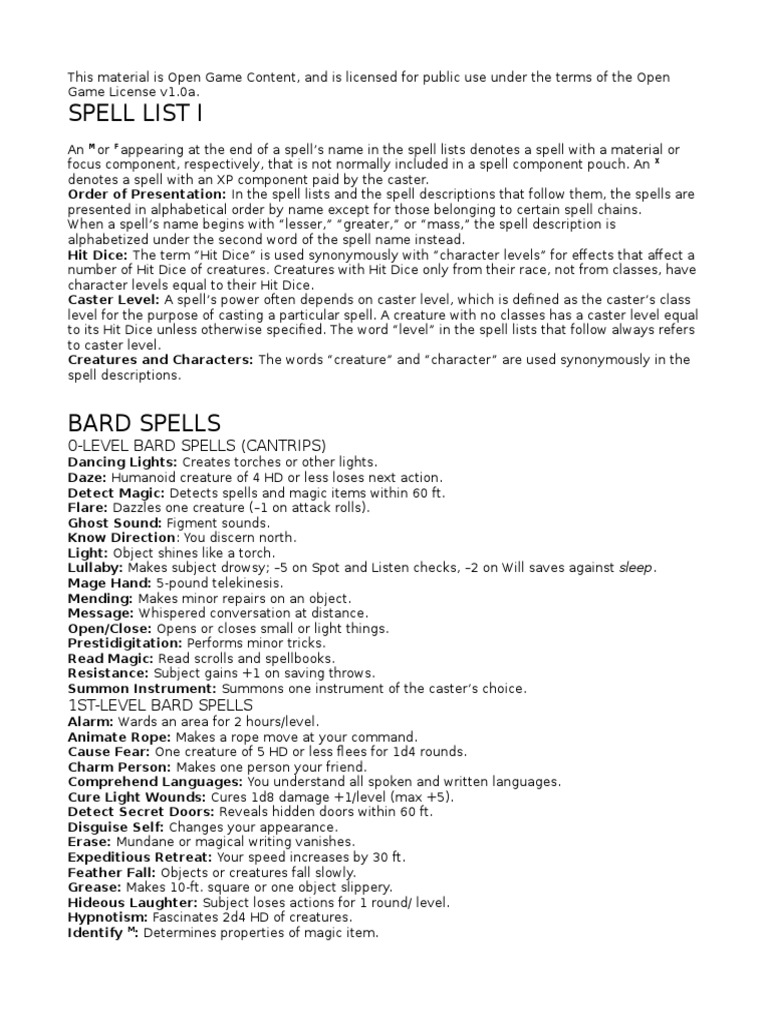 Spell List I 0Level Bard Spells (Cantrips) PDF Magic (Paranormal