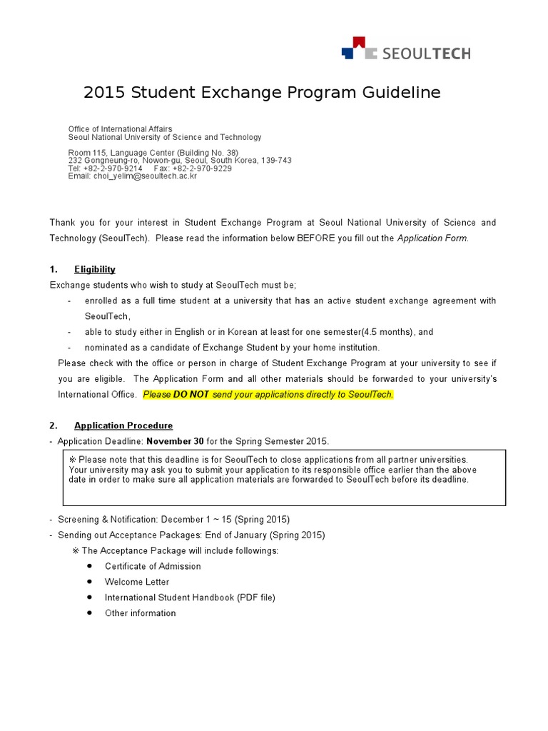 SeoulTech Student Exchange Program Guide | PDF | Travel Visa | South Korea