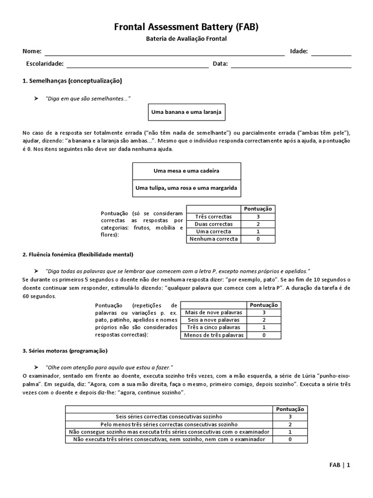 Bateria de Avaliação Frontal (FAB) | PDF | Lazer