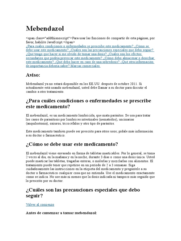 Mebendazol sin receta