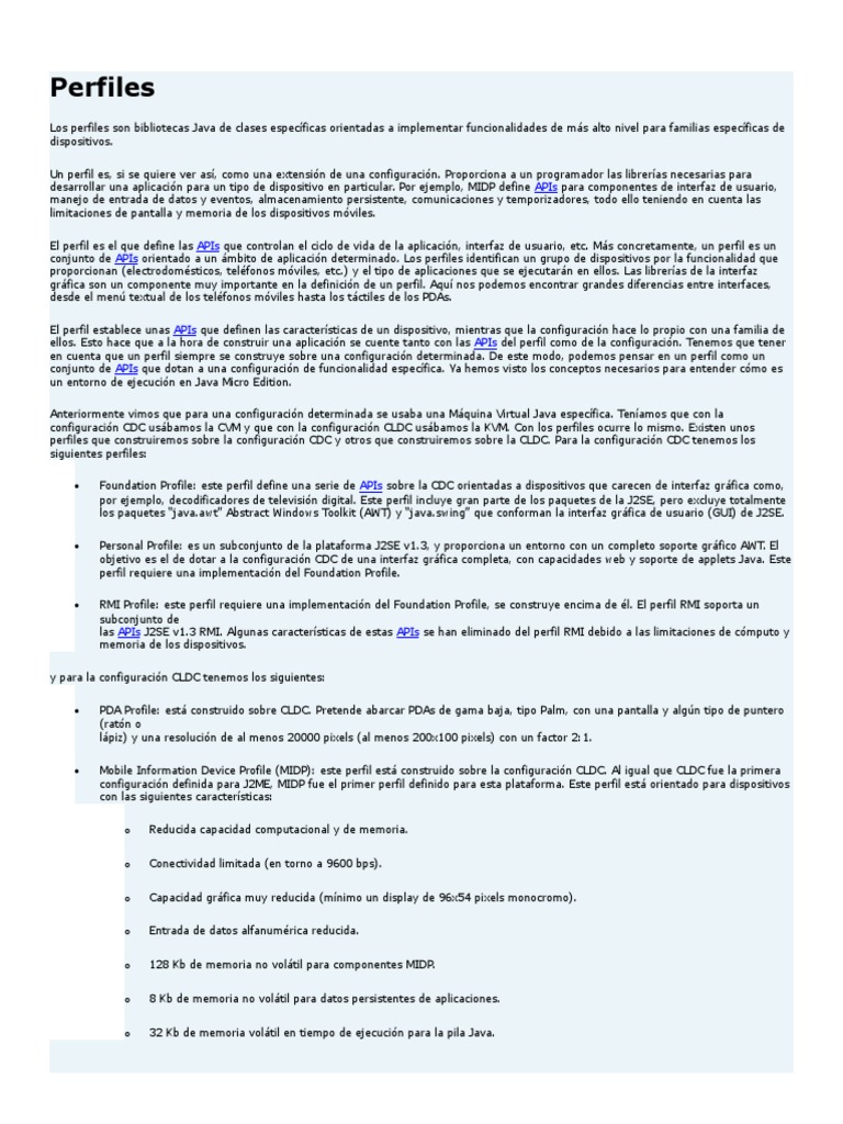 Perfiles en Java ME: APIs y Dispositivos | PDF | Arquitectura de ...