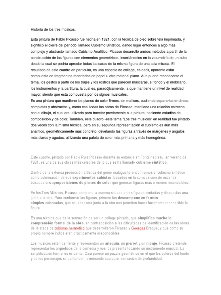 Historia de Los Tres Músicos | PDF | Pablo Picasso | Cubismo, image size:768x1024