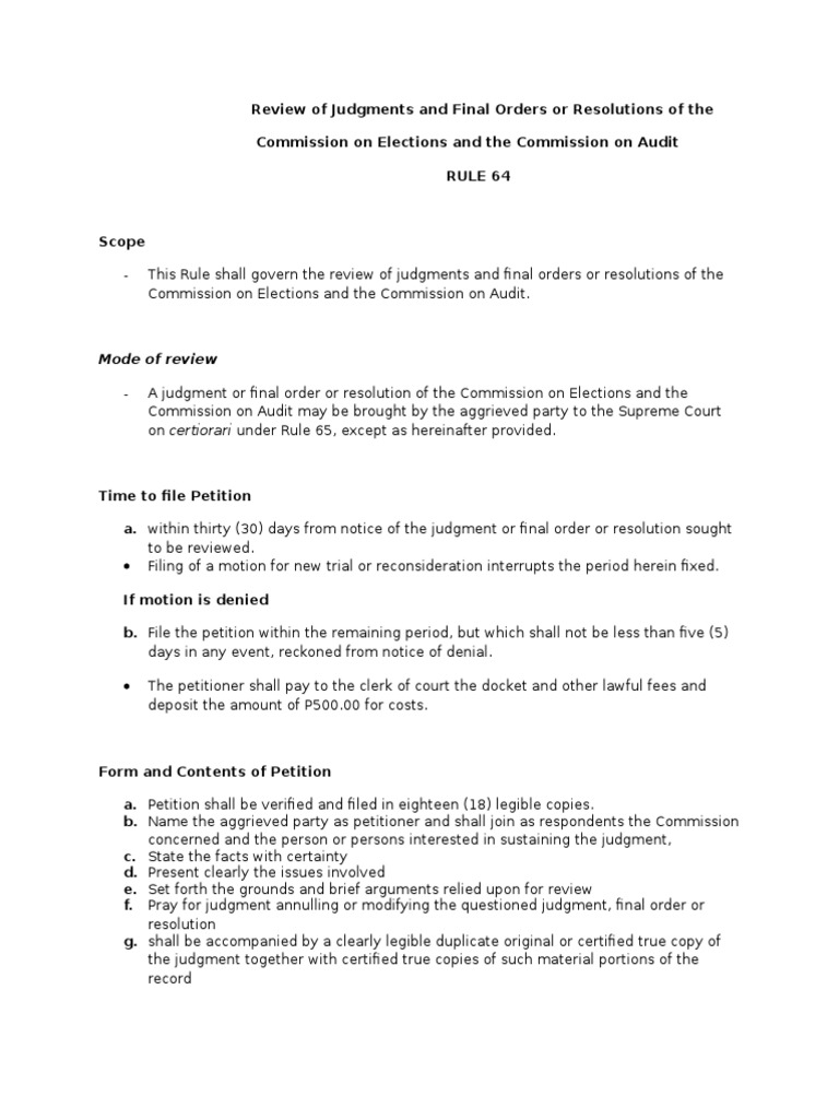 Rule 64: Review of Election and Audit Orders | PDF | Judgment (Law ...