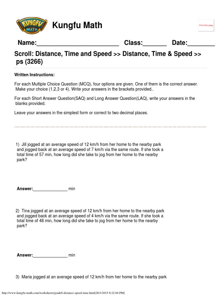 Singapore Math Worksheets Grade 6 Distance Speed And Time Www Kungfu Math Com Quality Of Life Further Education