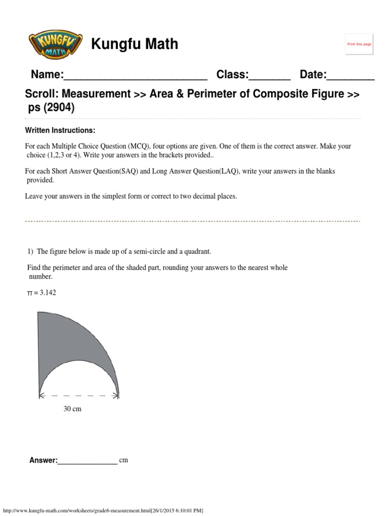 Singapore Math Worksheets Grade 6 Measurement | Circle | Pi