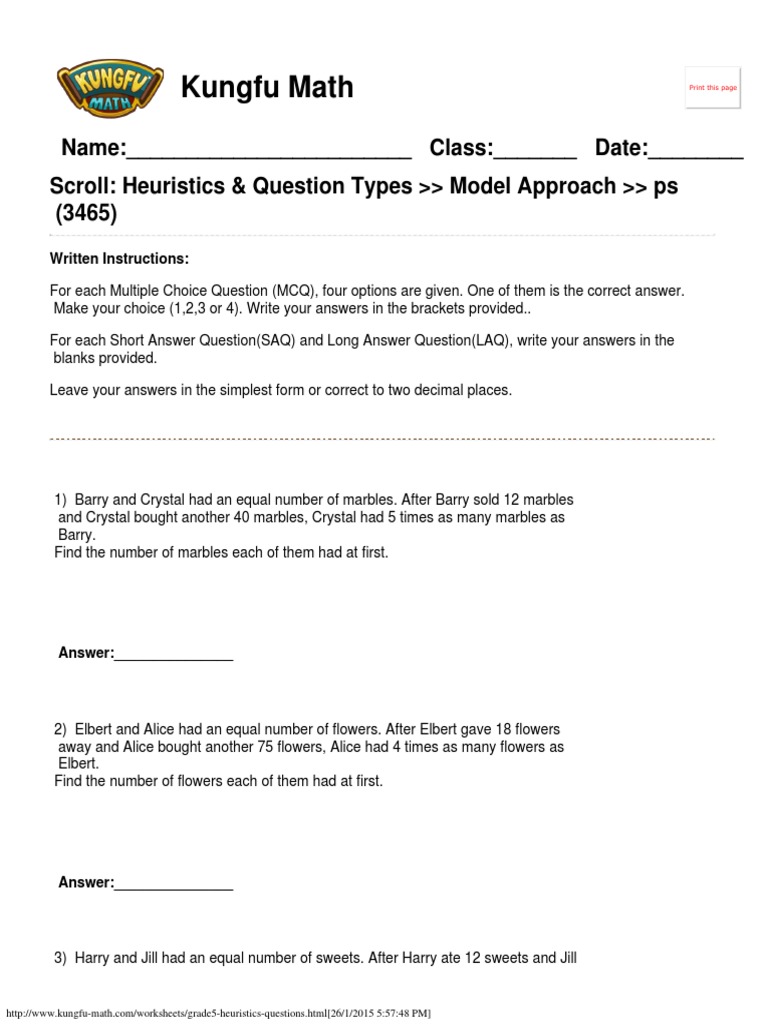 Singapore Math Worksheets Grade 5 Heuristics Questions | PDF | Teaching
