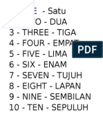 1-ONE - Satu 2 - Two - Dua 3 - Three - Tiga 4 - Four - Empat 5 - Five - Lima 6 - Six - Enam 7 - Seven - Tujuh 8 - Eight - Lapan 9 - Nine - Sembilan 10 - Ten - Sepuluh