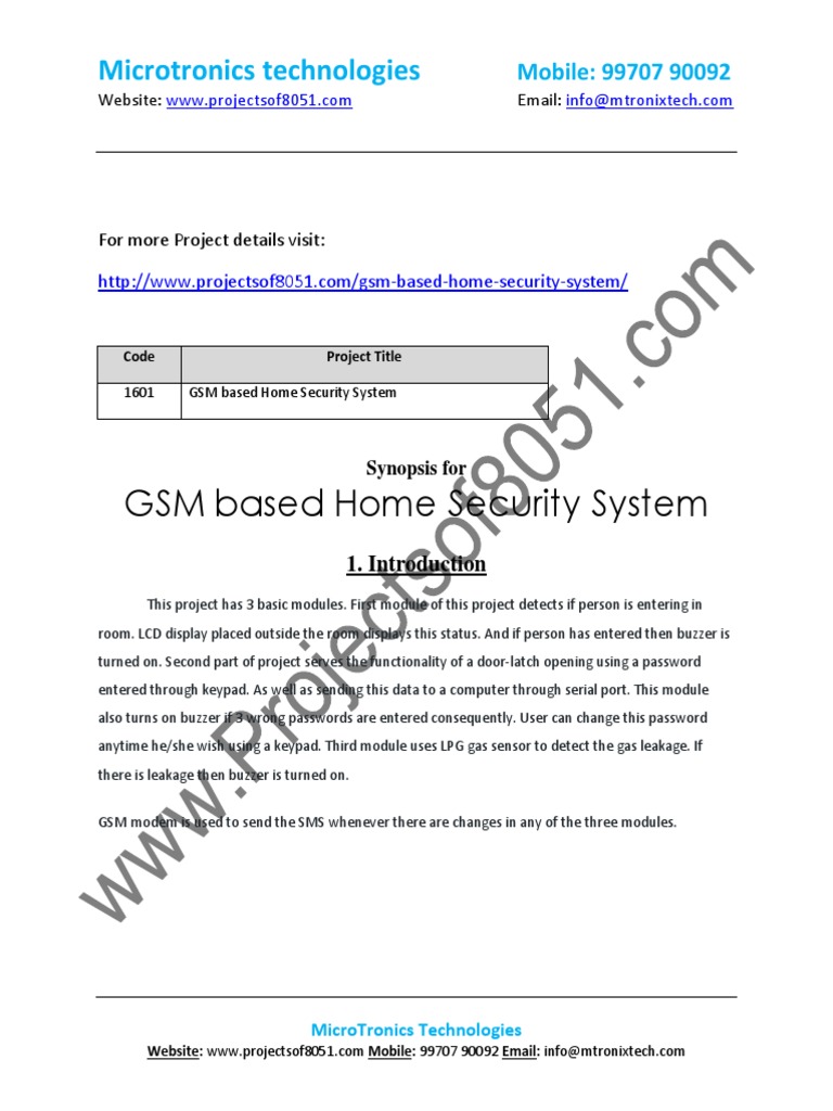 Synopsis of GSM Based Home Security System PDF Security Alarm