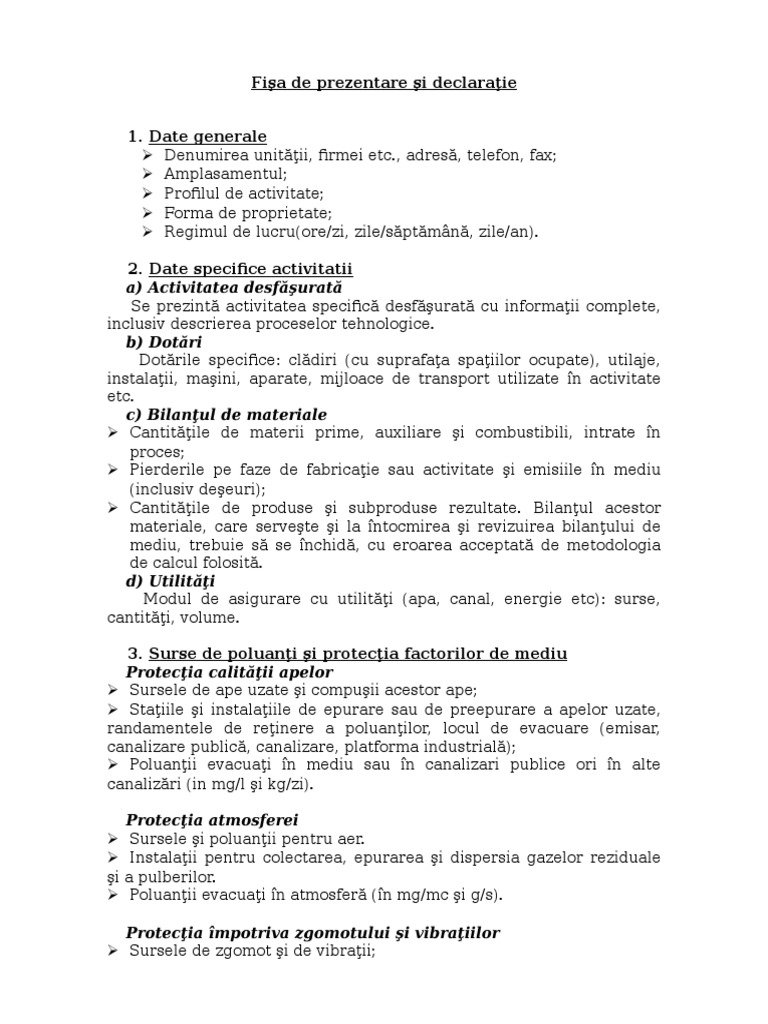 Fisa De Prezentare Si Declaratie Mediu