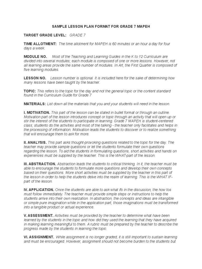 Grade 7 MAPEH Lesson Plan Format | PDF | Lesson Plan | Teachers