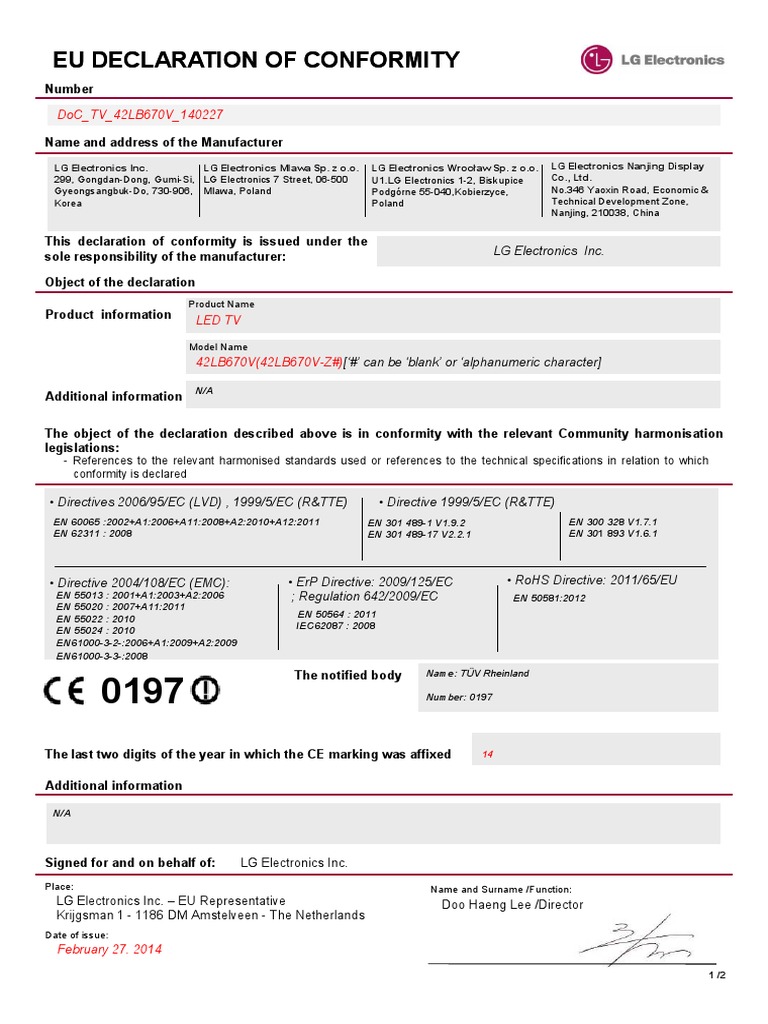 Eu Declaration of Conformity Eu Declaration of Conformity: Doc - TV ...