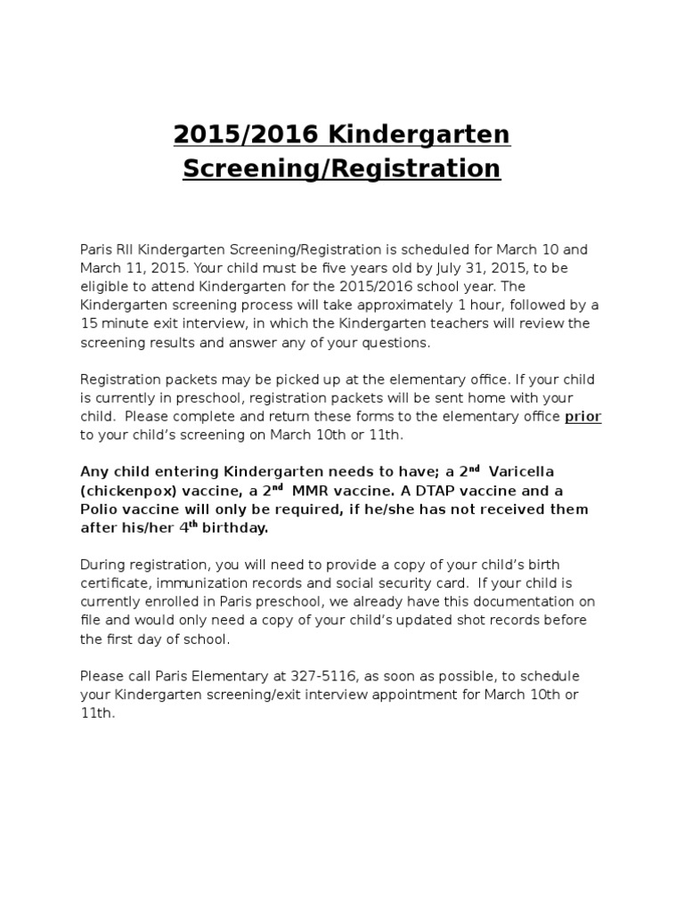 Kindergarten Screening and Registration | PDF | Self-Improvement