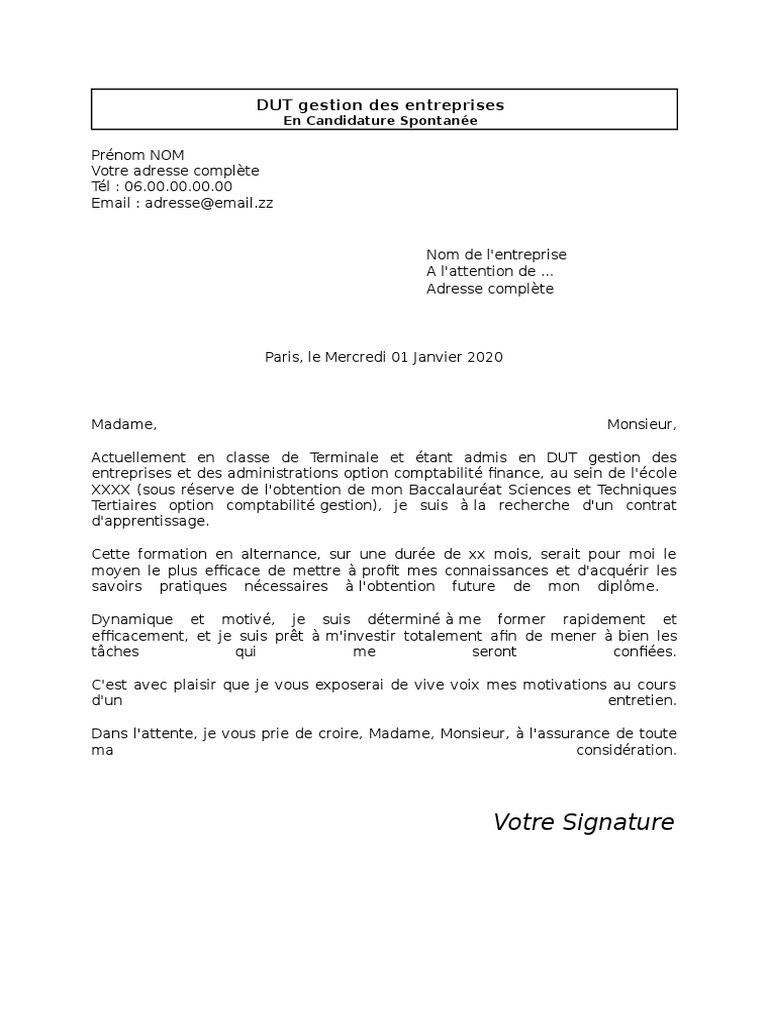 Lettre De Motivation Comptabilité Et Gestion Débutant Lettre Motivation Gestion Entreprise | PDF