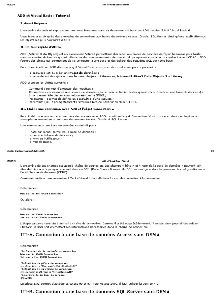 Tutoriel ADO pour Visual Basic | PDF | Microsoft Access | De base