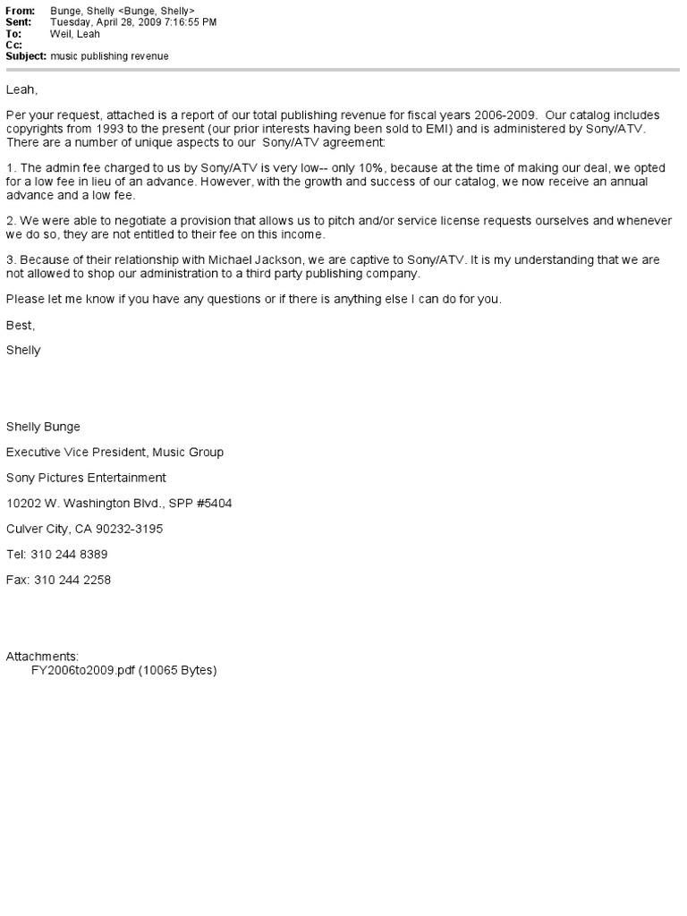 Sony Picture Entertainment Our Catalog Is Administered by Sony/ATV. We