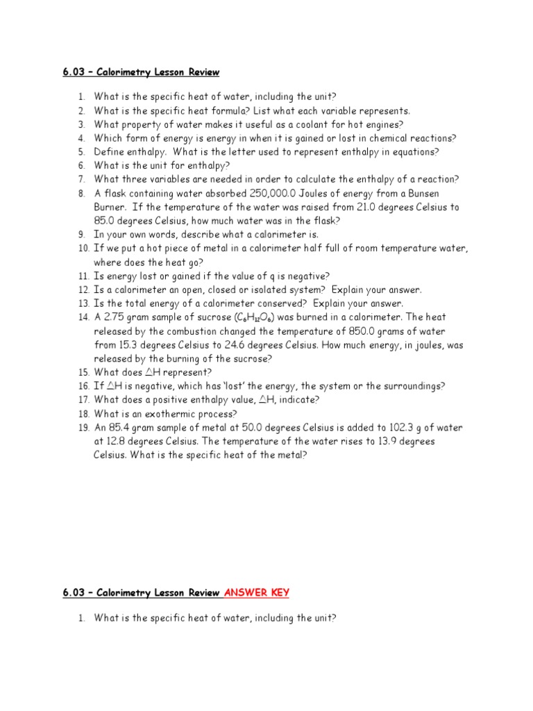 6.03 Calorimetry Lesson Review Answer Key PDF Enthalpy Heat