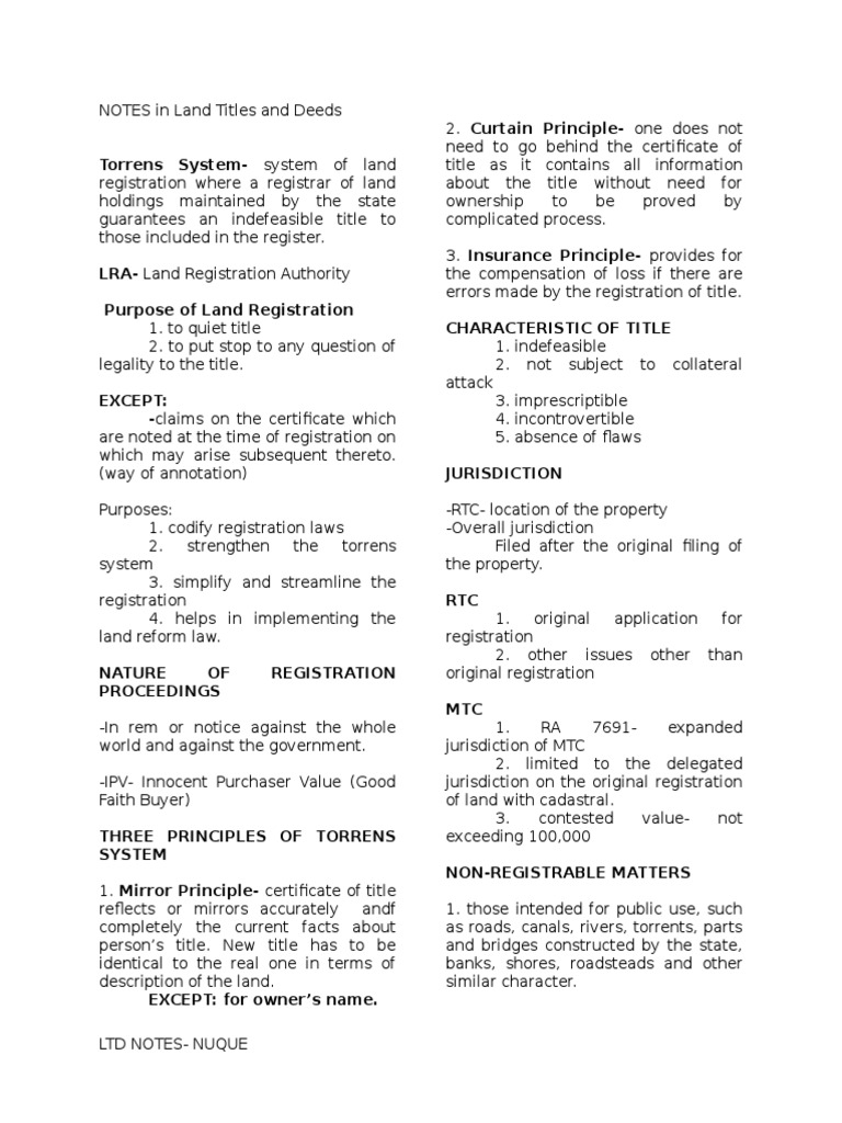Notes in Land Titles and Deeds PDF Judgment (Law) Civil Law