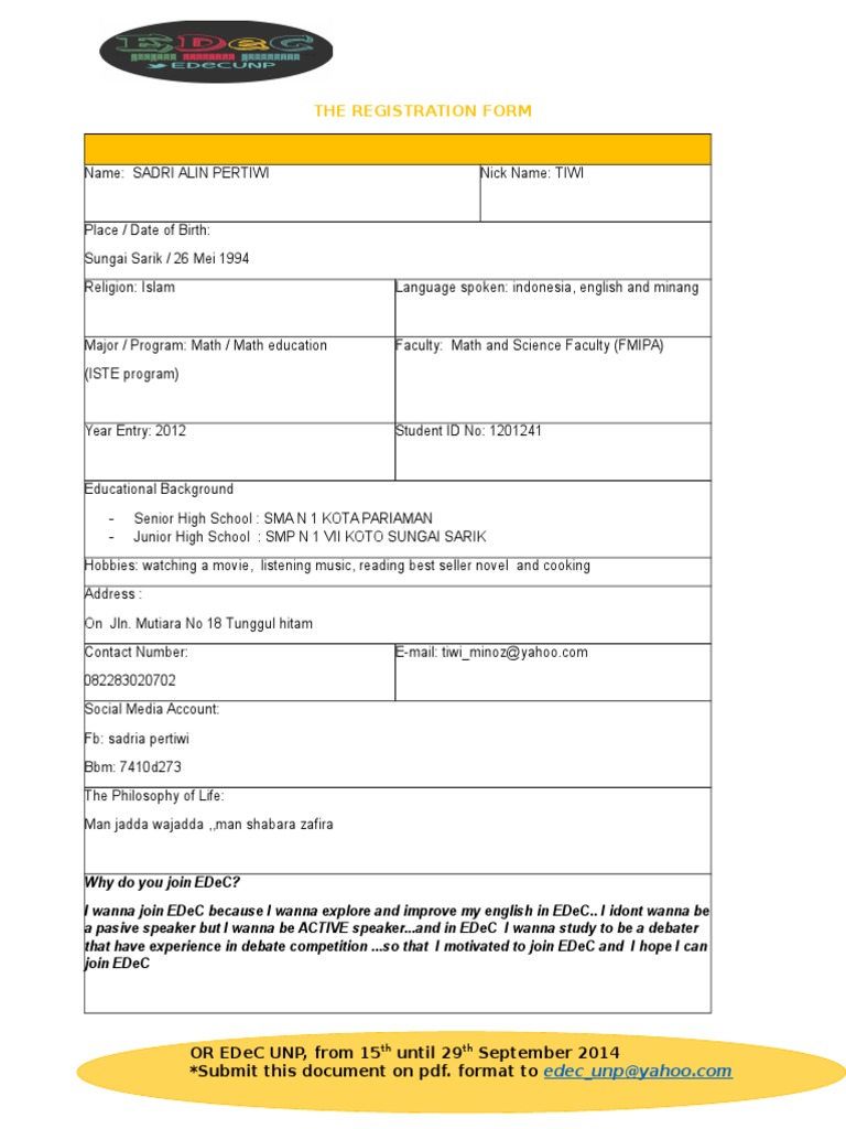 Student Registration Form for EDeC | PDF