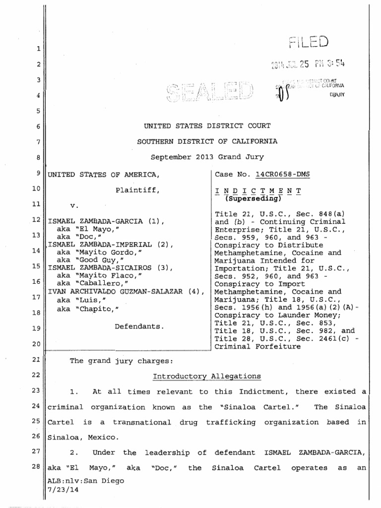 Zambada San Diego Indictment PDF Sinaloa Cartel Illegal Drug Trade