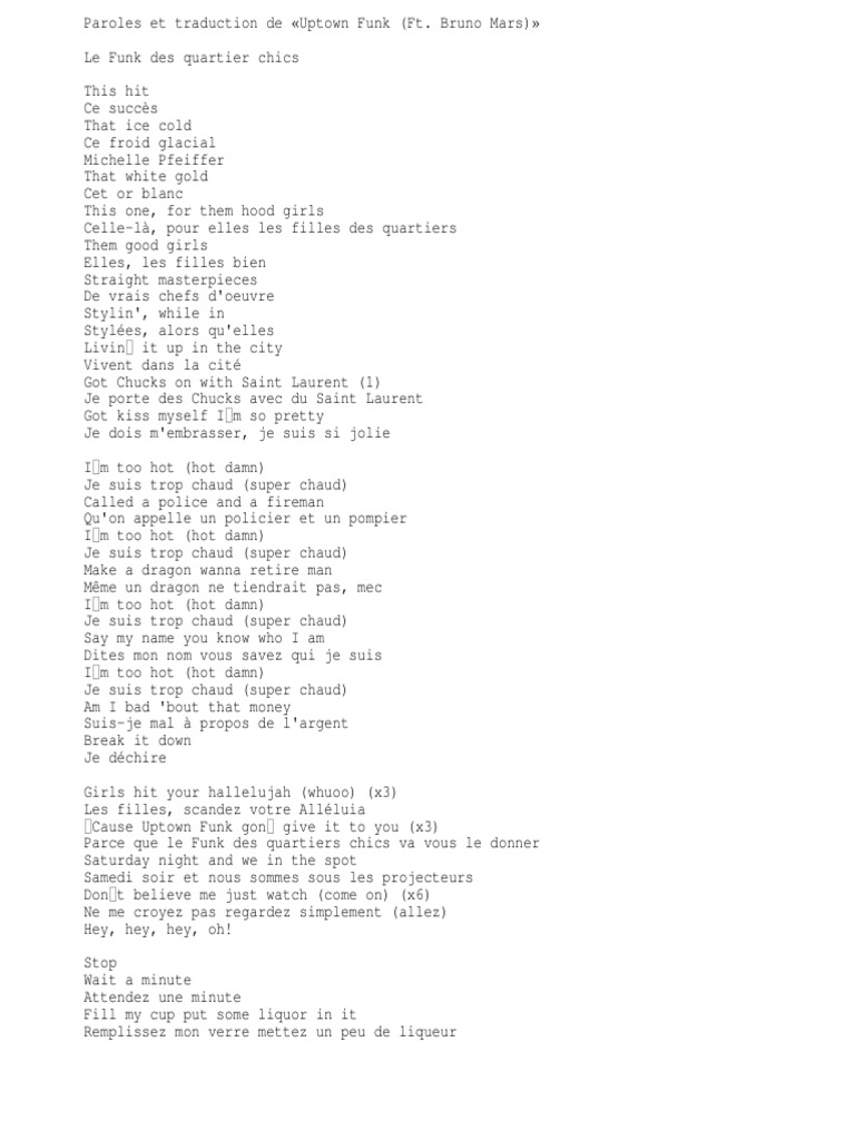 Hallelujah Paroles à Imprimer En Français Parole Uptown Funk | PDF | Musique populaire américaine | Musique populaire