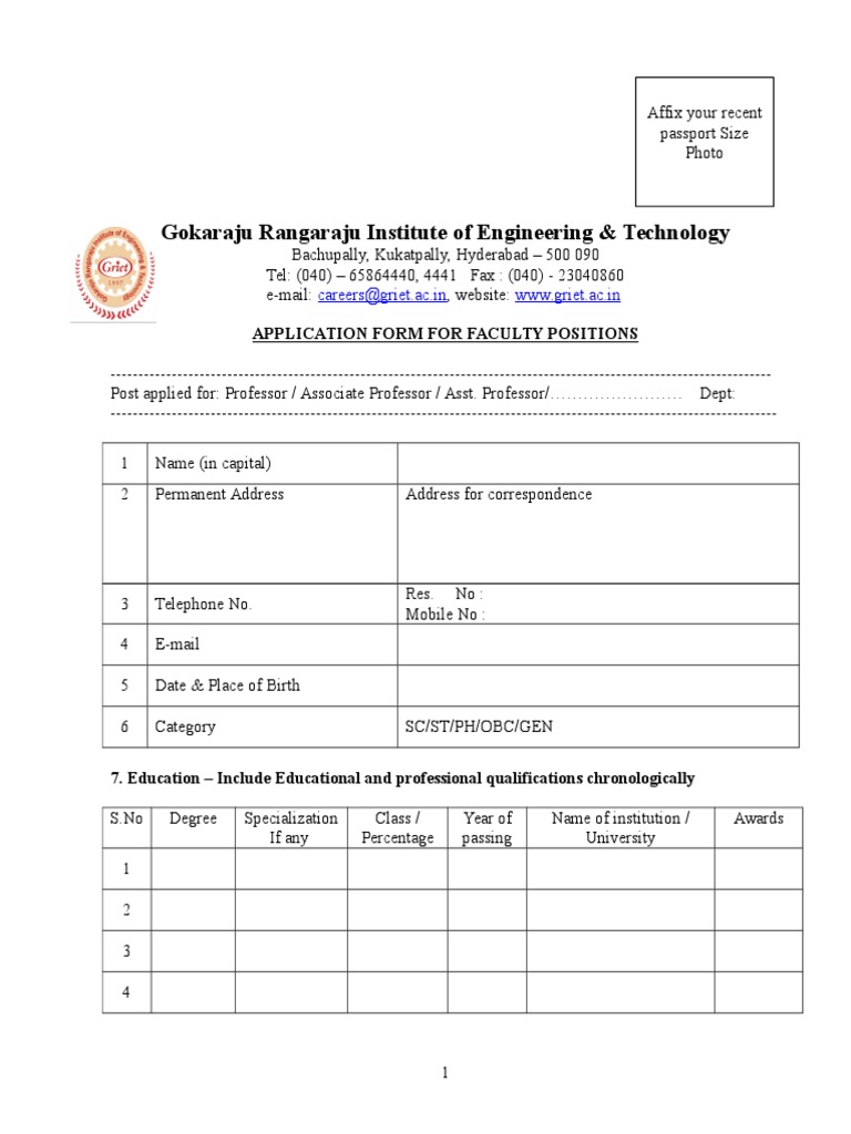 GRIET Faculty Application Form | PDF