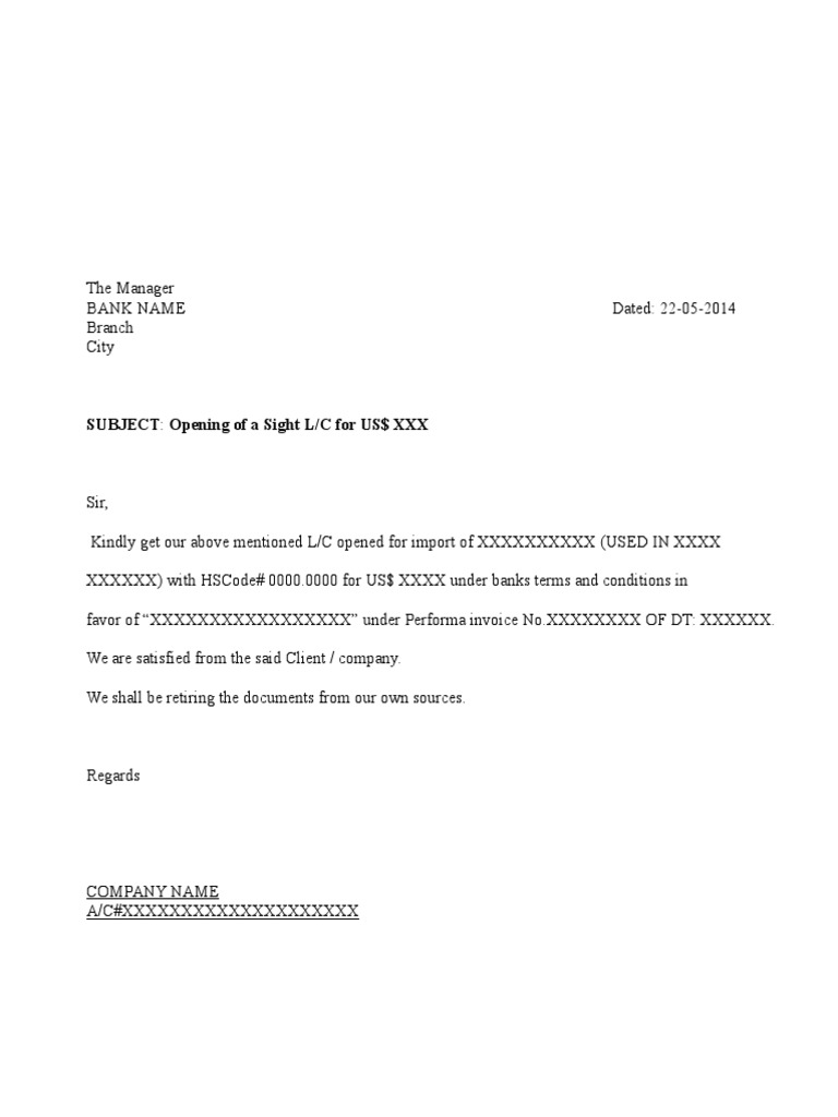 General Lc Opening Request Letter Of Credit Banking