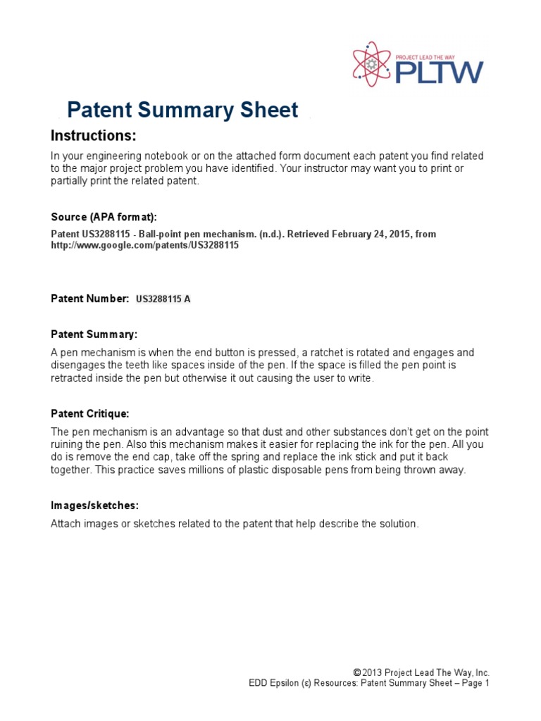 Engineering Ballpoint Pen Patent Summary | PDF | Technology & Engineering