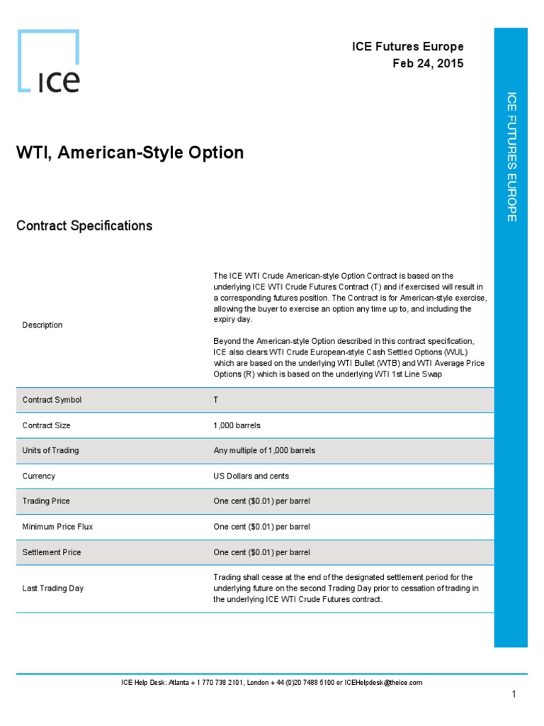 WTI, AmericanStyle Option Contract Specifications PDF Futures Contract Futures Exchange