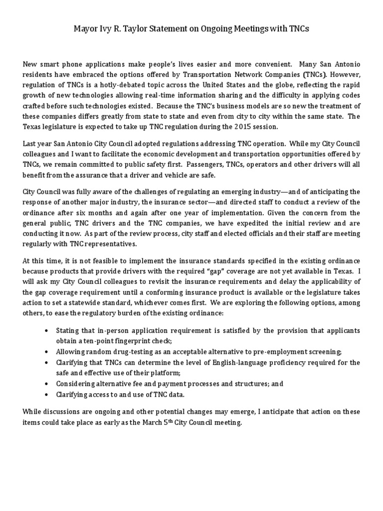 Mayor's TNC Statement | PDF | Insurance | Litigation And Regulation