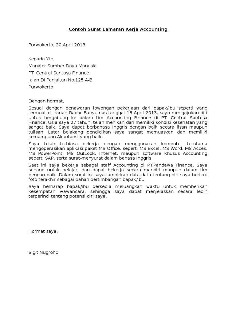 8 Contoh Surat Lamaran Kerja Finance Accounting - 8000 ...