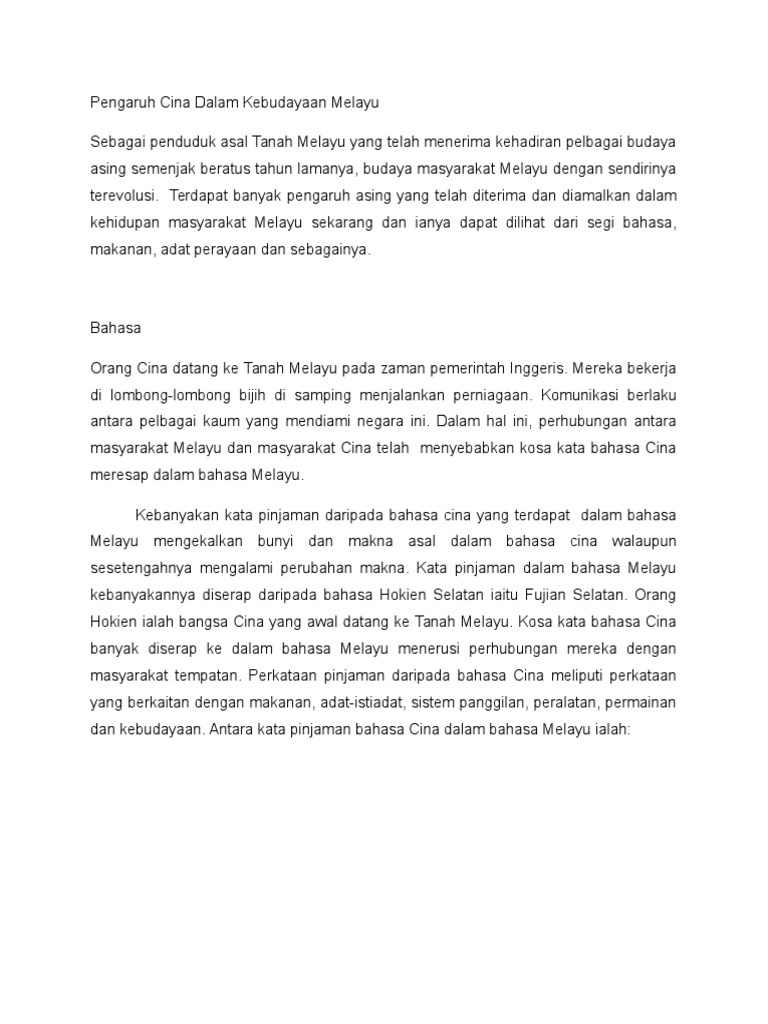 Pengaruh Cina Dalam Kebudayaan Melayu