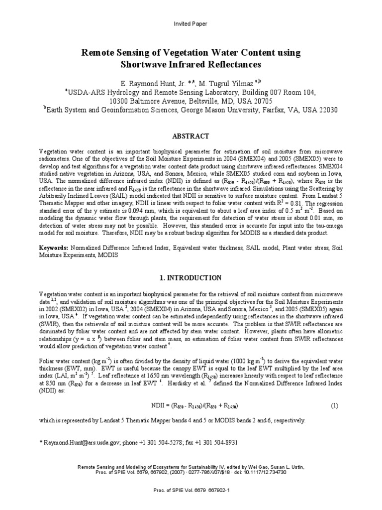 Remote Sensing of Vegetation Water Content Using Shortwave Infrared ...