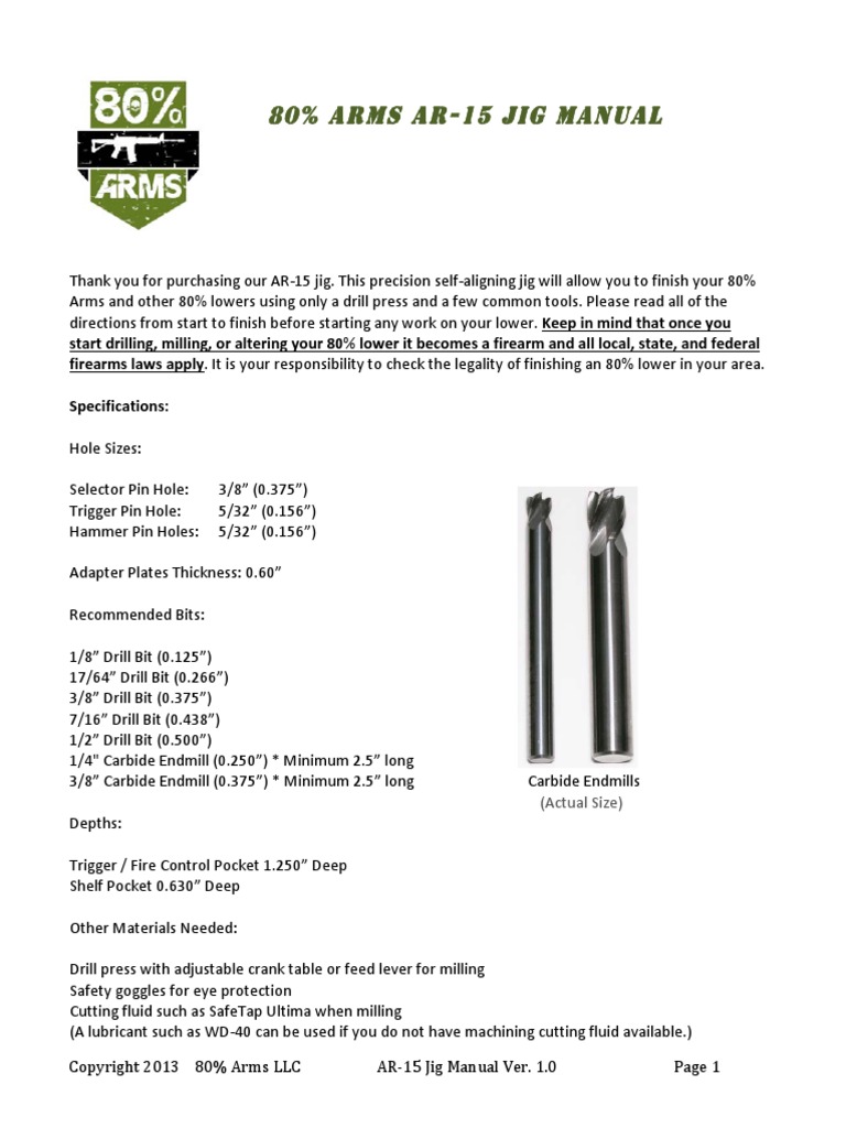 AR-15 Jig Manual: 80% Lower Instructions | PDF | Drill | Drilling