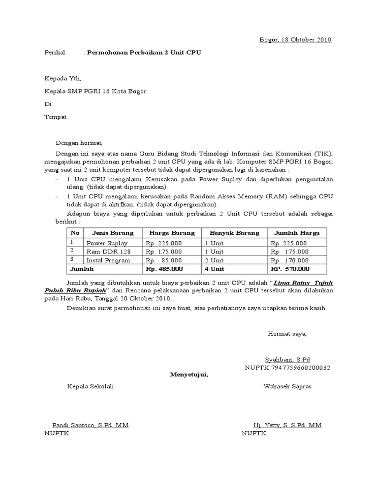 Surat Permohonan Perbaikan Komputer Surat Permohonan Perbaikan Komputer