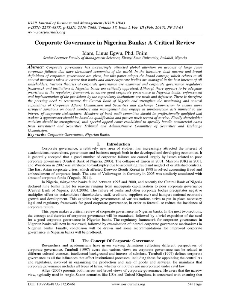 Corporate Governance in Nigerian Banks: A Critical Review | PDF ...