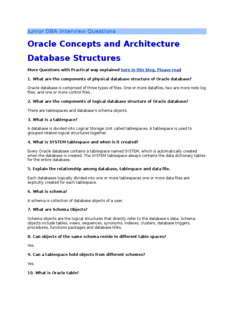 Junior DBA Interview Questions Guide | PDF | Database Index | Oracle ...
