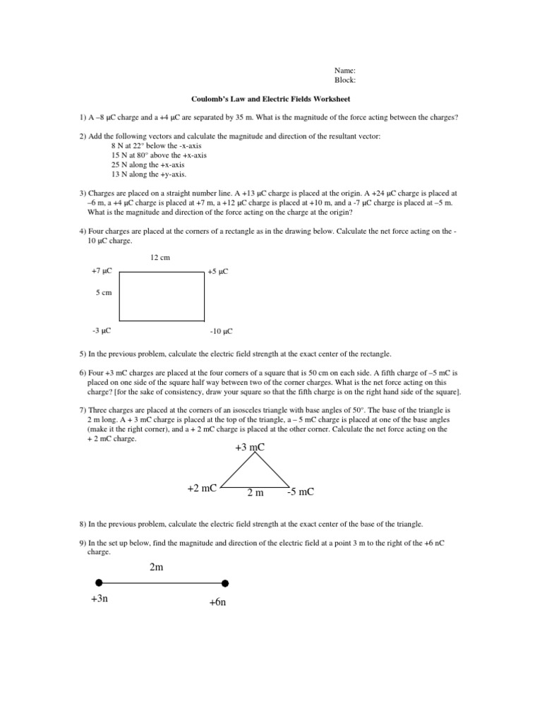 Coulomb S Law And Electric Fields Worksheet Key Electric Charge Electric Field